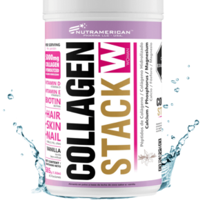 Envase de Collagen Stack W, suplemento de colágeno hidrolizado con biotina, vitaminas D y E, sabor vainilla, de Nutramerican Pharma.