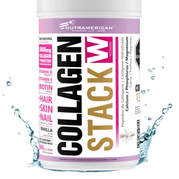 Envase de Collagen Stack W, suplemento de colágeno hidrolizado con biotina, vitaminas D y E, sabor vainilla, de Nutramerican Pharma.