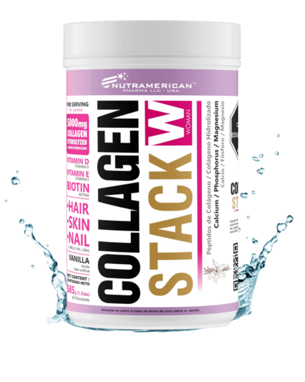 Envase de Collagen Stack W, suplemento de colágeno hidrolizado con biotina, vitaminas D y E, sabor vainilla, de Nutramerican Pharma.