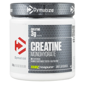 Envase de Dymatize Creatine Monohydrate con Creapure, suplemento de creatina monohidratada en polvo, sin sabor, con 3 g por porción.