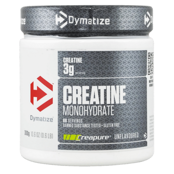 Envase de Dymatize Creatine Monohydrate con Creapure, suplemento de creatina monohidratada en polvo, sin sabor, con 3 g por porción.