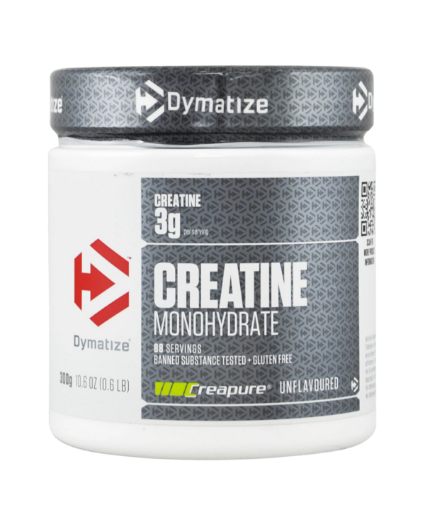 Envase de Dymatize Creatine Monohydrate con Creapure, suplemento de creatina monohidratada en polvo, sin sabor, con 3 g por porción.