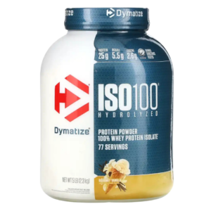 Envase de Dymatize ISO100 Hydrolyzed, suplemento de proteína aislada de suero hidrolizada con 25 g de proteína por porción, sabor vainilla.