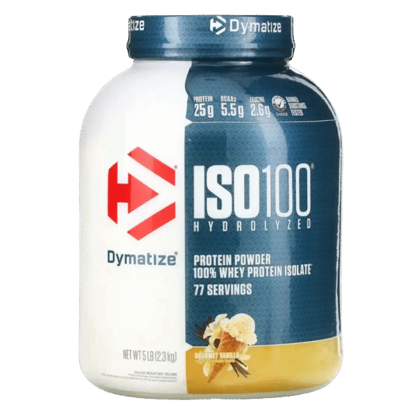 Envase de Dymatize ISO100 Hydrolyzed, suplemento de proteína aislada de suero hidrolizada con 25 g de proteína por porción, sabor vainilla.