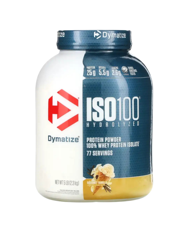 Envase de Dymatize ISO100 Hydrolyzed, suplemento de proteína aislada de suero hidrolizada con 25 g de proteína por porción, sabor vainilla.