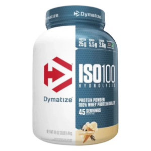 Envase de Dymatize ISO100 Hydrolyzed, suplemento de proteína aislada de suero hidrolizada con 25 g de proteína por porción, sabor vainilla, presentación de 3LB.