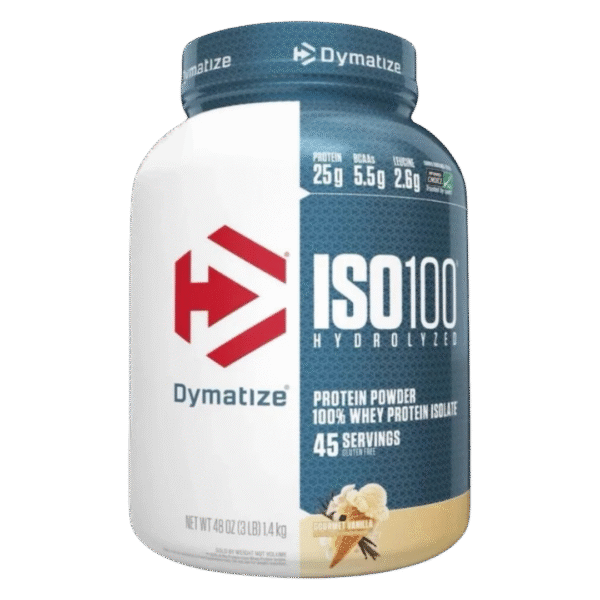 Envase de Dymatize ISO100 Hydrolyzed, suplemento de proteína aislada de suero hidrolizada con 25 g de proteína por porción, sabor vainilla, presentación de 3LB.