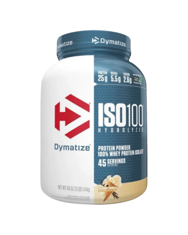 Envase de Dymatize ISO100 Hydrolyzed, suplemento de proteína aislada de suero hidrolizada con 25 g de proteína por porción, sabor vainilla, presentación de 3LB.