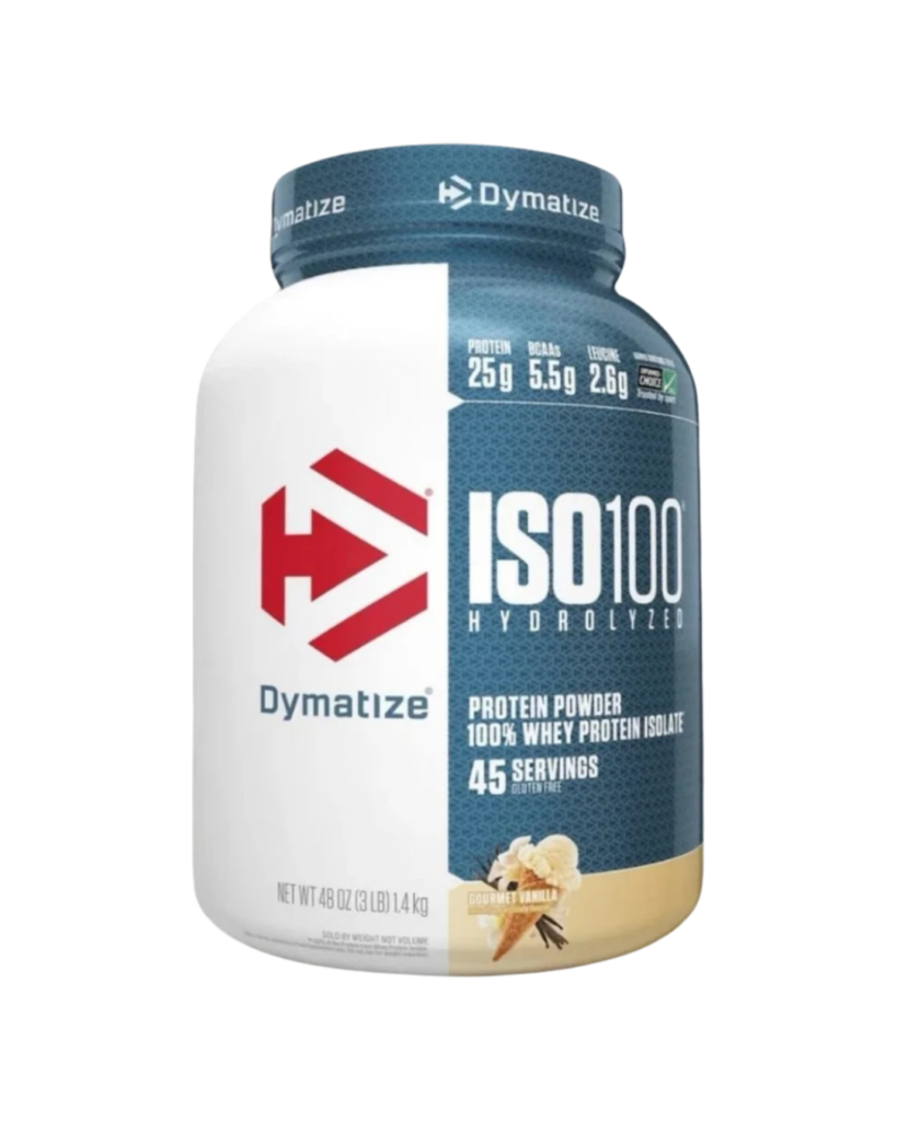 Envase de Dymatize ISO100 Hydrolyzed, suplemento de proteína aislada de suero hidrolizada con 25 g de proteína por porción, sabor vainilla, presentación de 3LB.