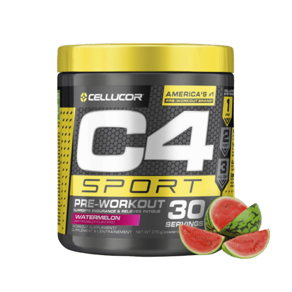 Envase de Cellucor C4 Sport, suplemento pre-entrenamiento con cafeína y beta-alanina, sabor sandía.
