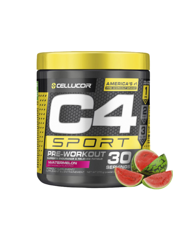 Envase de Cellucor C4 Sport, suplemento pre-entrenamiento con cafeína y beta-alanina, sabor sandía.