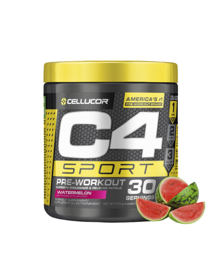 Envase de Cellucor C4 Sport, suplemento pre-entrenamiento con cafeína y beta-alanina, sabor sandía.