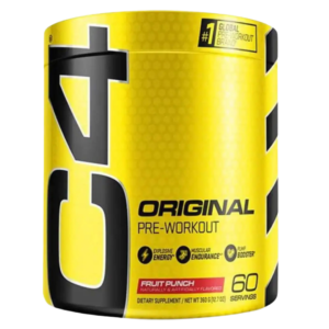 Envase de Cellucor C4 Original, suplemento pre-entrenamiento con cafeína y beta-alanina, sabor fruit punch.