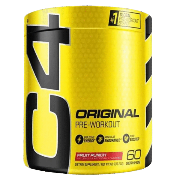 Envase de Cellucor C4 Original, suplemento pre-entrenamiento con cafeína y beta-alanina, sabor fruit punch.