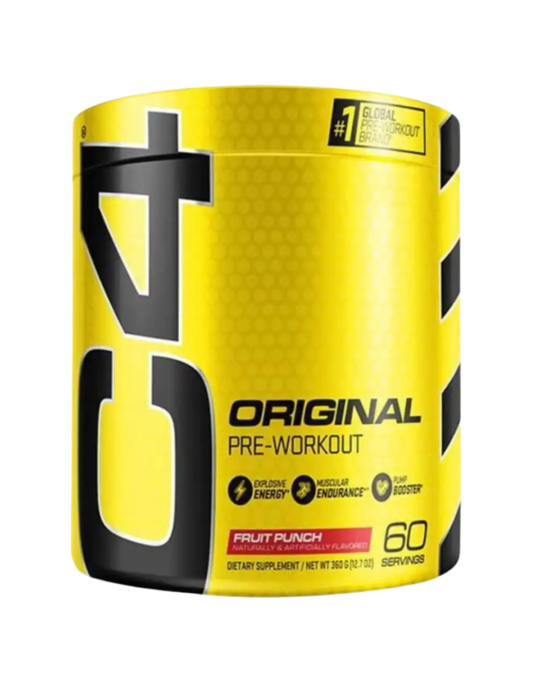 Envase de Cellucor C4 Original, suplemento pre-entrenamiento con cafeína y beta-alanina, sabor fruit punch.