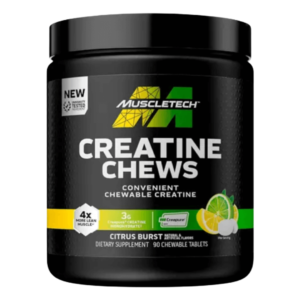 Envase de MuscleTech Creatine Chews, tabletas masticables de creatina monohidratada Creapure con 3 g por porción, sabor cítricos.