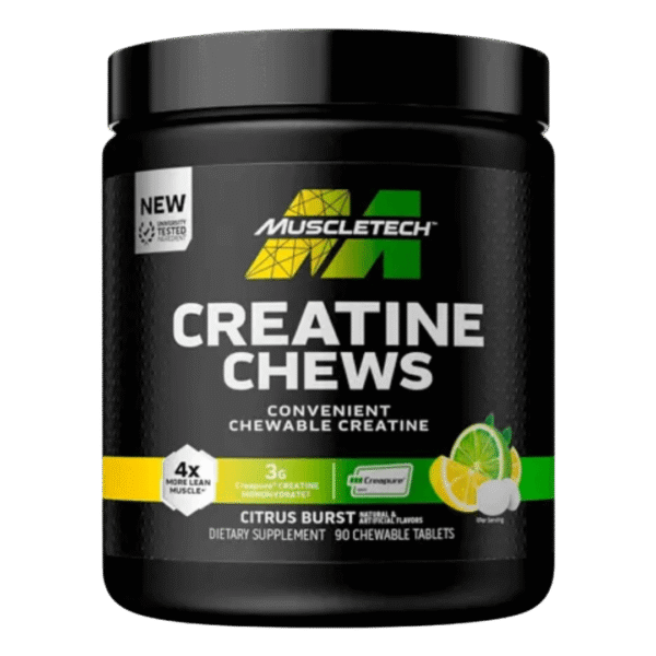 Envase de MuscleTech Creatine Chews, tabletas masticables de creatina monohidratada Creapure con 3 g por porción, sabor cítricos.