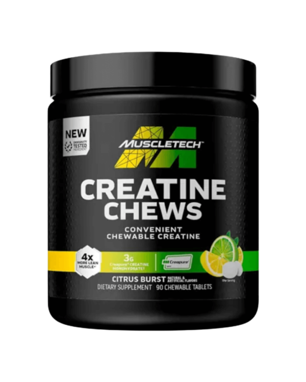 Envase de MuscleTech Creatine Chews, tabletas masticables de creatina monohidratada Creapure con 3 g por porción, sabor cítricos.