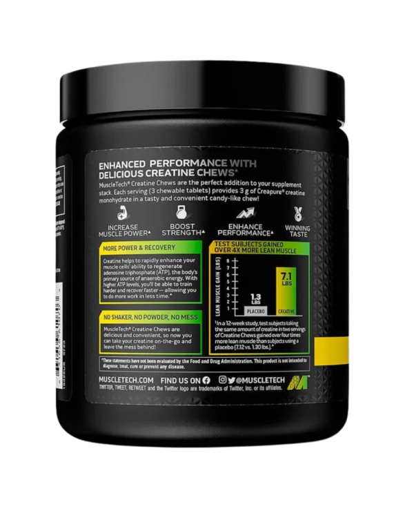Envase de MuscleTech Creatine Chews, tabletas masticables de creatina monohidratada Creapure con 3 g por porción, sabor cítricos.