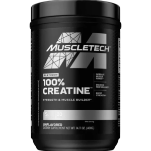 Envase de MuscleTech Platinum 100% Creatine, suplemento de creatina monohidratada en polvo, sin sabor, con 5 g por porción.