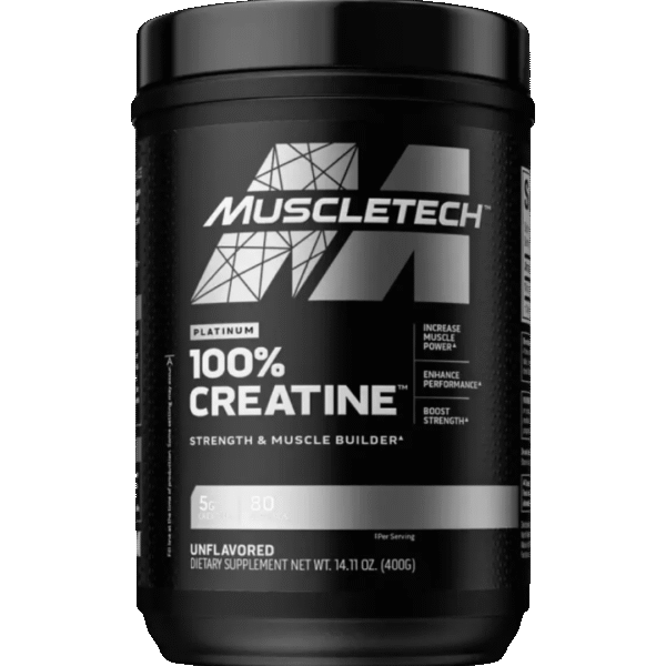 Envase de MuscleTech Platinum 100% Creatine, suplemento de creatina monohidratada en polvo, sin sabor, con 5 g por porción.