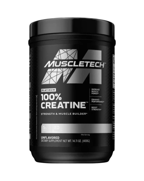 Envase de MuscleTech Platinum 100% Creatine, suplemento de creatina monohidratada en polvo, sin sabor, con 5 g por porción.