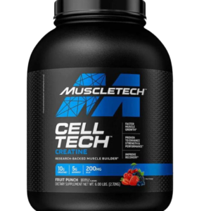 Envase de MuscleTech Cell-Tech Creatine, suplemento de creatina con aminoácidos y ácido alfa lipoico, sabor fruit punch.
