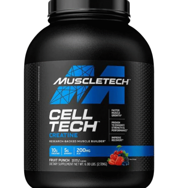 Envase de MuscleTech Cell-Tech Creatine, suplemento de creatina con aminoácidos y ácido alfa lipoico, sabor fruit punch.