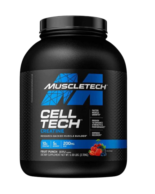 Envase de MuscleTech Cell-Tech Creatine, suplemento de creatina con aminoácidos y ácido alfa lipoico, sabor fruit punch.