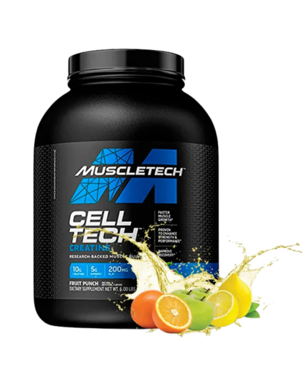 Envase de MuscleTech Cell-Tech Creatine, suplemento de creatina con aminoácidos y ácido alfa lipoico, sabor fruit punch.