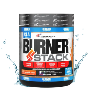 Envase de Burner Stack de Nutramerican Pharma, suplemento en polvo con CLA, L-Carnitina, taurina y cafeína, sabor uva.
