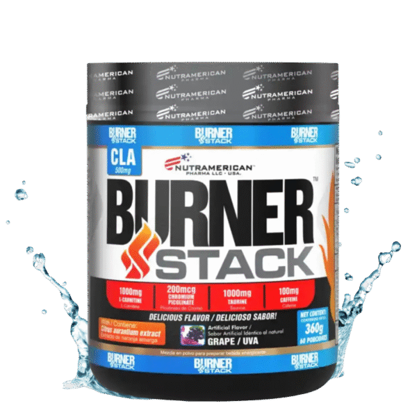 Envase de Burner Stack de Nutramerican Pharma, suplemento en polvo con CLA, L-Carnitina, taurina y cafeína, sabor uva.