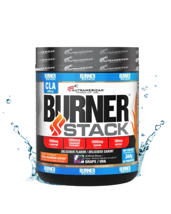 Envase de Burner Stack de Nutramerican Pharma, suplemento en polvo con CLA, L-Carnitina, taurina y cafeína, sabor uva.