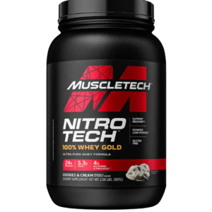 Envase de MuscleTech Nitro-Tech Whey Gold, suplemento de proteína de suero con 24 g de proteína, 5.3 g de BCAA y 4 g de glutamina por porción, sabor cookies & cream.