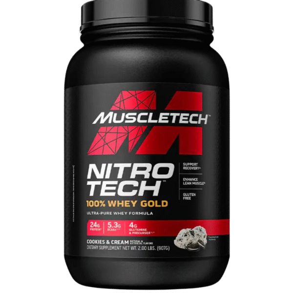 Envase de MuscleTech Nitro-Tech Whey Gold, suplemento de proteína de suero con 24 g de proteína, 5.3 g de BCAA y 4 g de glutamina por porción, sabor cookies & cream.