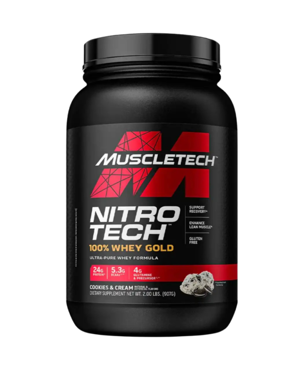 Envase de MuscleTech Nitro-Tech Whey Gold, suplemento de proteína de suero con 24 g de proteína, 5.3 g de BCAA y 4 g de glutamina por porción, sabor cookies & cream.