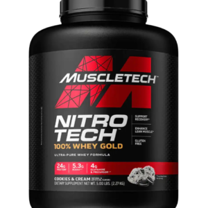 Envase de MuscleTech Nitro-Tech Whey Gold de 5LB, proteína de suero con 24 g de proteína, 5.3 g de BCAA y 4 g de glutamina por porción, sabor cookies & cream.