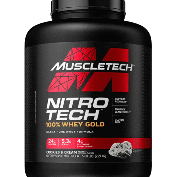 Envase de MuscleTech Nitro-Tech Whey Gold de 5LB, proteína de suero con 24 g de proteína, 5.3 g de BCAA y 4 g de glutamina por porción, sabor cookies & cream.