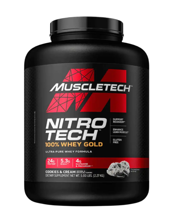 Envase de MuscleTech Nitro-Tech Whey Gold de 5LB, proteína de suero con 24 g de proteína, 5.3 g de BCAA y 4 g de glutamina por porción, sabor cookies & cream.