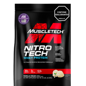 Bolsa de MuscleTech Nitro-Tech Whey Protein, suplemento de proteína de suero con 30 g de proteína, 3 g de creatina y 6.6 g de BCAA por porción, sabor vainilla cream.