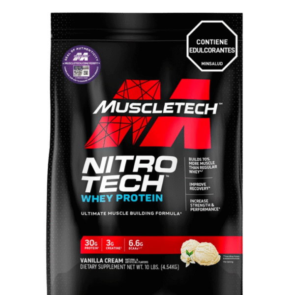 Bolsa de MuscleTech Nitro-Tech Whey Protein, suplemento de proteína de suero con 30 g de proteína, 3 g de creatina y 6.6 g de BCAA por porción, sabor vainilla cream.