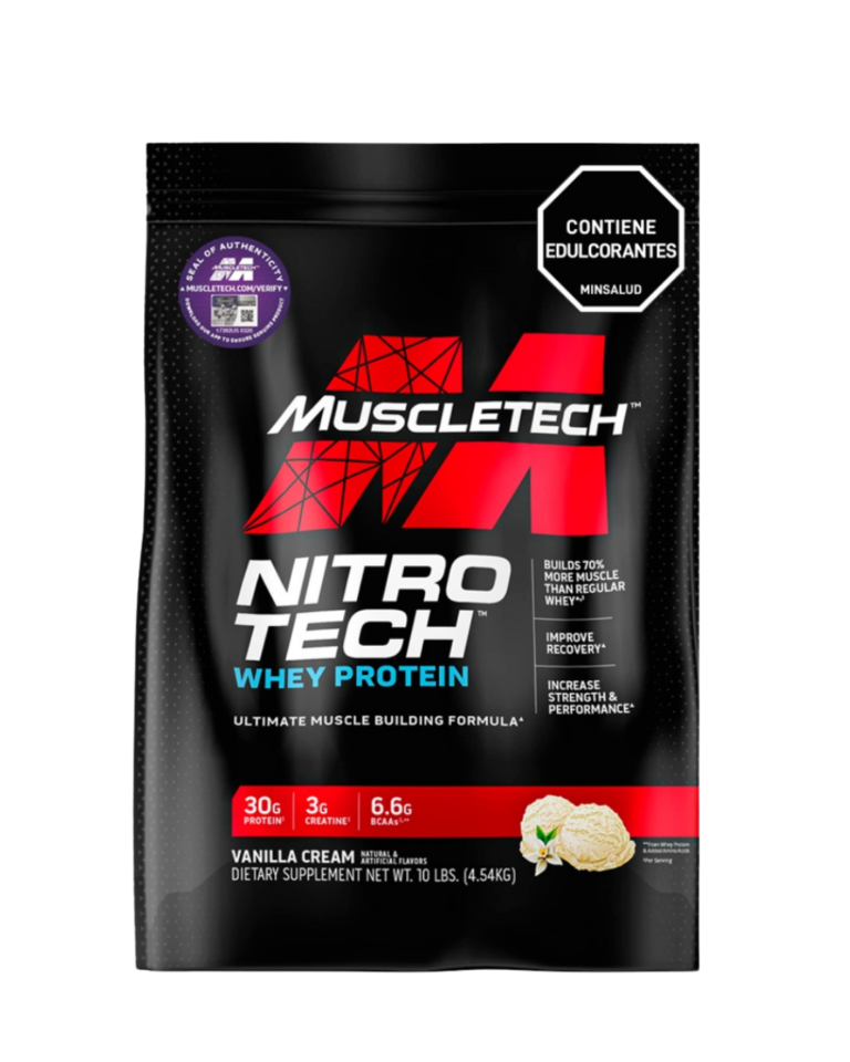 Bolsa de MuscleTech Nitro-Tech Whey Protein, suplemento de proteína de suero con 30 g de proteína, 3 g de creatina y 6.6 g de BCAA por porción, sabor vainilla cream.