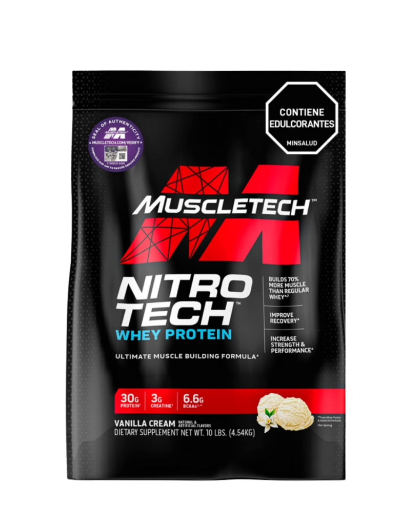 Bolsa de MuscleTech Nitro-Tech Whey Protein, suplemento de proteína de suero con 30 g de proteína, 3 g de creatina y 6.6 g de BCAA por porción, sabor vainilla cream.