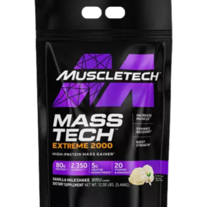 Bolsa de MuscleTech Mass-Tech Extreme 2000, suplemento hipercalórico con 80 g de proteína, 2,350 calorías y 5 g de creatina por porción, sabor vanilla milkshake.