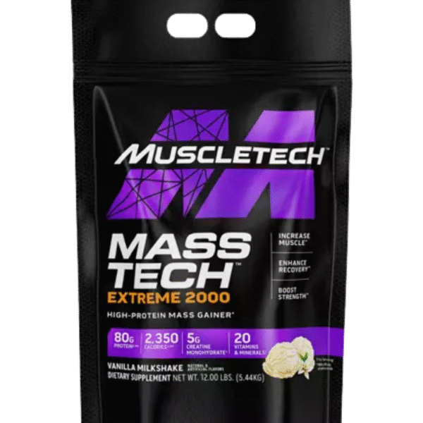 Bolsa de MuscleTech Mass-Tech Extreme 2000, suplemento hipercalórico con 80 g de proteína, 2,350 calorías y 5 g de creatina por porción, sabor vanilla milkshake.