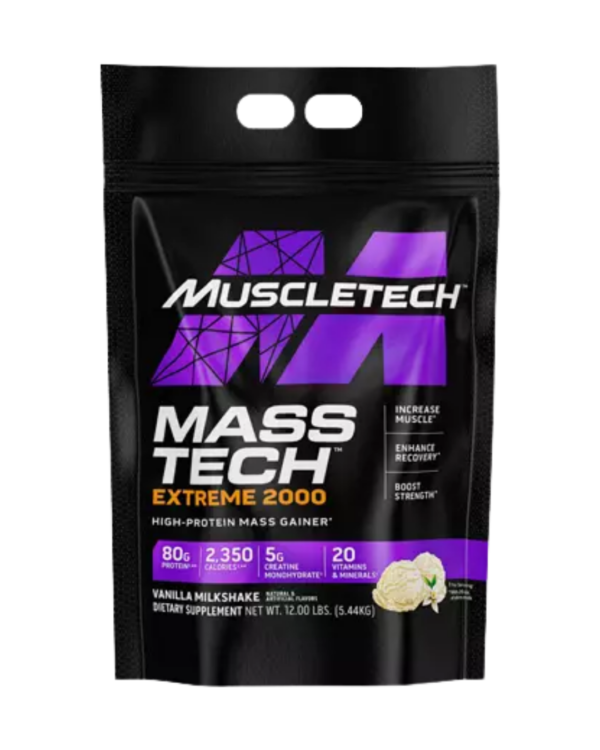 Bolsa de MuscleTech Mass-Tech Extreme 2000, suplemento hipercalórico con 80 g de proteína, 2,350 calorías y 5 g de creatina por porción, sabor vanilla milkshake.