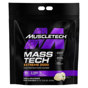 Bolsa de 20LB de MuscleTech Mass-Tech Extreme 2000, suplemento hipercalórico con 80 g de proteína, 2,350 calorías y 5 g de creatina por porción, sabor vanilla milkshake.
