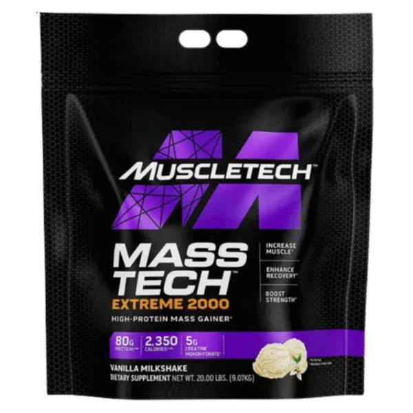 Bolsa de 20LB de MuscleTech Mass-Tech Extreme 2000, suplemento hipercalórico con 80 g de proteína, 2,350 calorías y 5 g de creatina por porción, sabor vanilla milkshake.