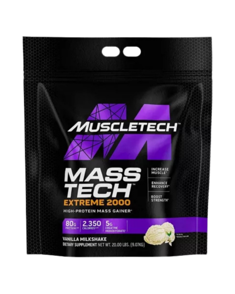 Bolsa de 20LB de MuscleTech Mass-Tech Extreme 2000, suplemento hipercalórico con 80 g de proteína, 2,350 calorías y 5 g de creatina por porción, sabor vanilla milkshake.