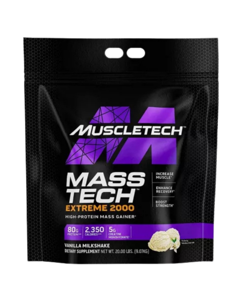 Bolsa de 20LB de MuscleTech Mass-Tech Extreme 2000, suplemento hipercalórico con 80 g de proteína, 2,350 calorías y 5 g de creatina por porción, sabor vanilla milkshake.